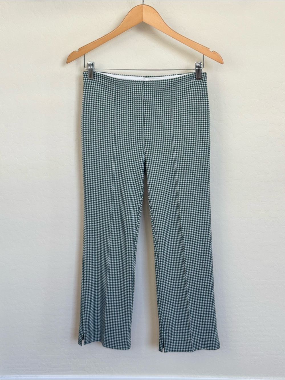 Lyssé New York Green Gingham Flared Pants High Waisted Side Slit Crop Trousers M